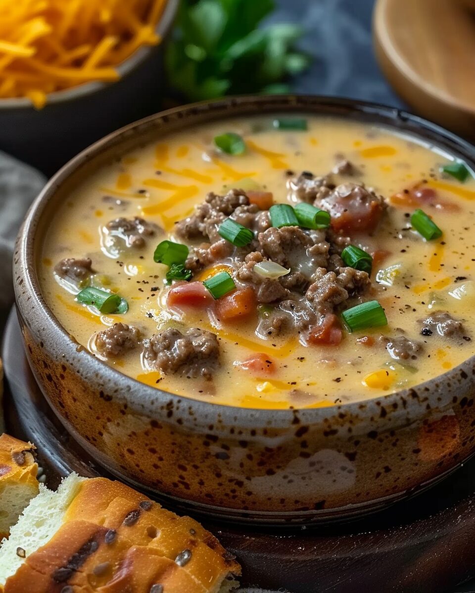 Slow Cooker Cheesy Burger Flavored Soup