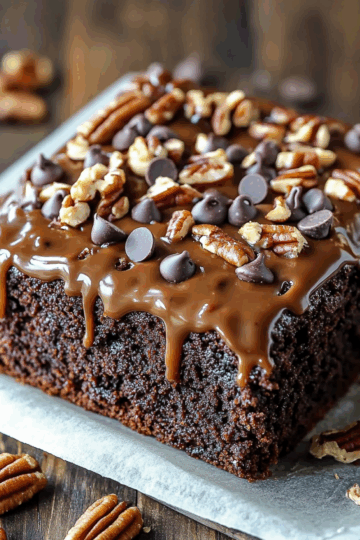 Chocolate Turtle Poke Cake