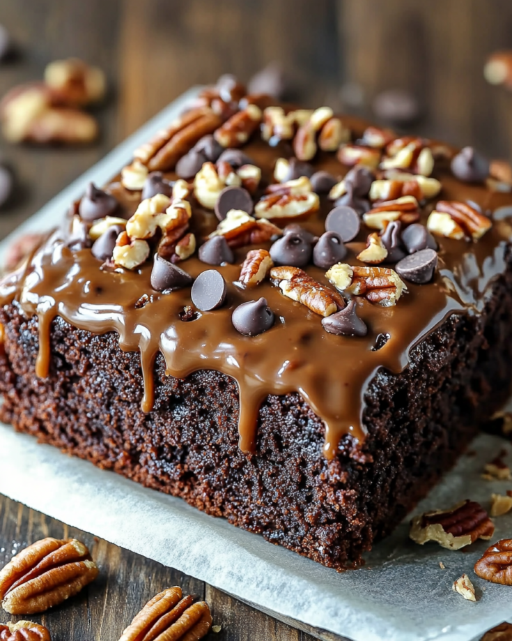 Chocolate Turtle Poke Cake