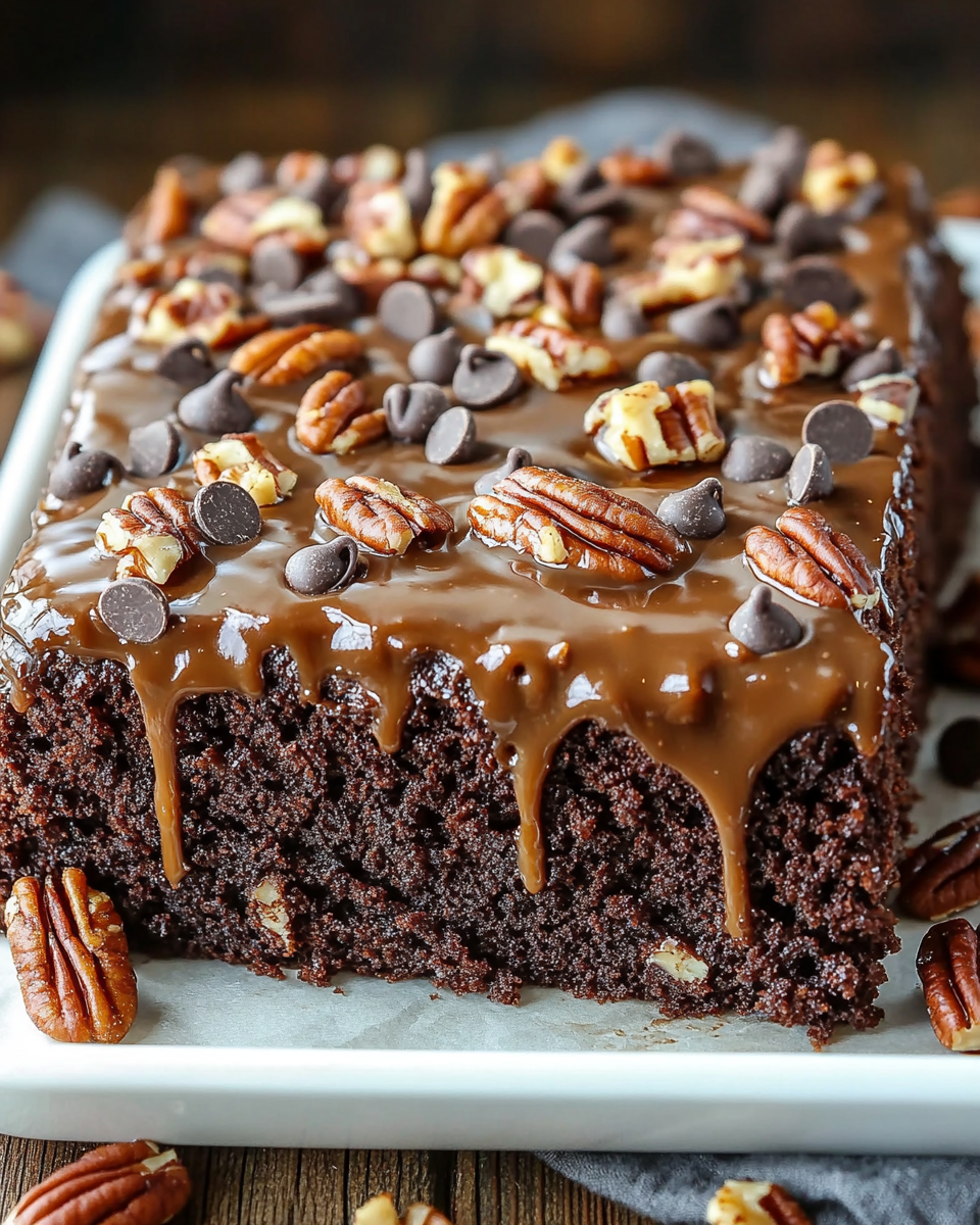 Chocolate Turtle Poke Cake