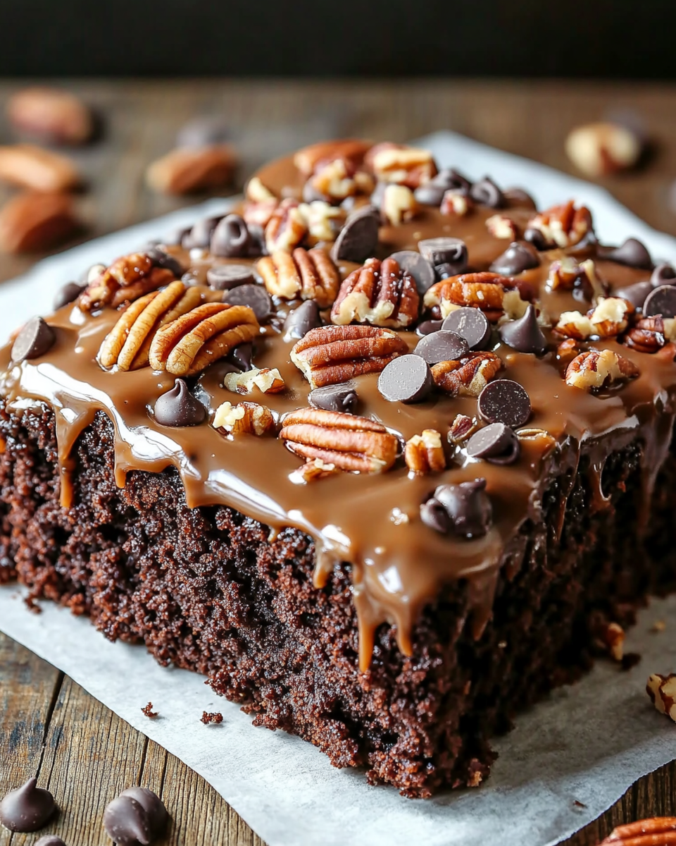 Chocolate Turtle Poke Cake