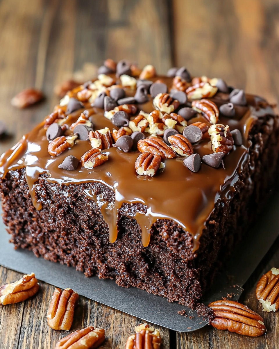 Chocolate Turtle Poke Cake