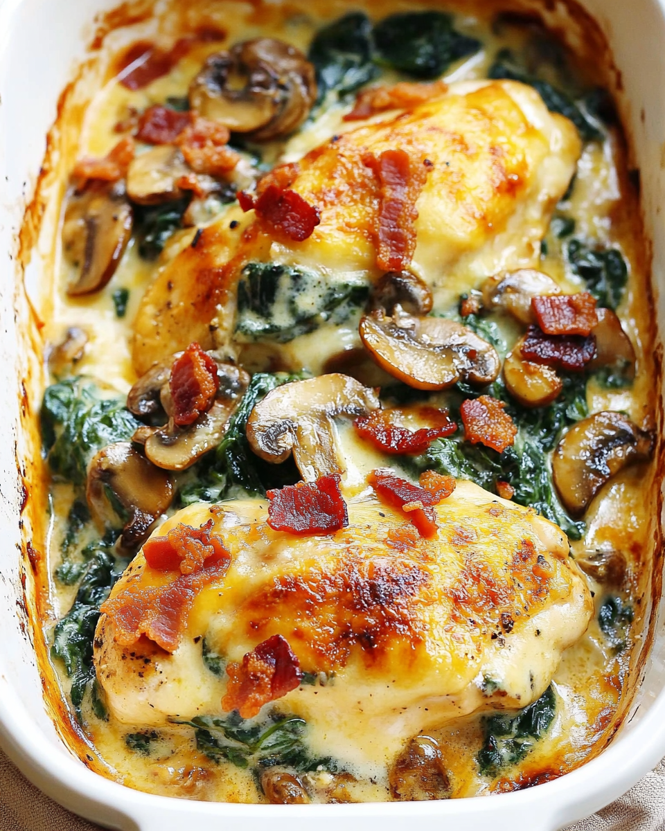 Smothered Chicken with Creamed Spinach, Bacon, and Mushrooms