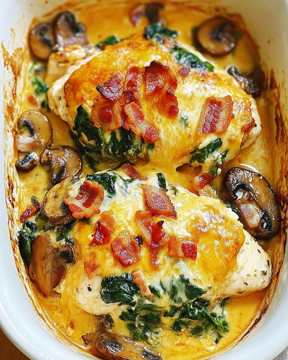 Smothered Chicken with Creamed Spinach, Bacon, and Mushrooms