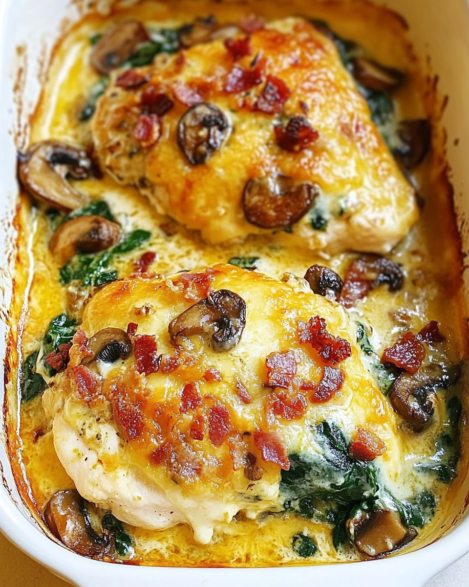 Smothered Chicken with Creamed Spinach, Bacon, and Mushrooms