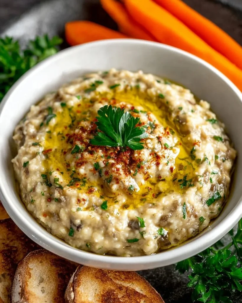 A bowl of easy Baba Ganoush, a creamy eggplant dip garnished with olive oil and herbs.