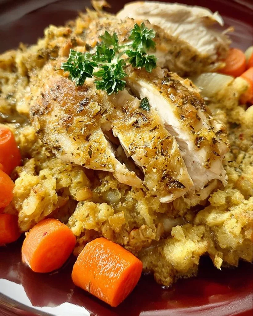 Slow cooker chicken and stuffing dish served with herbs and spices.