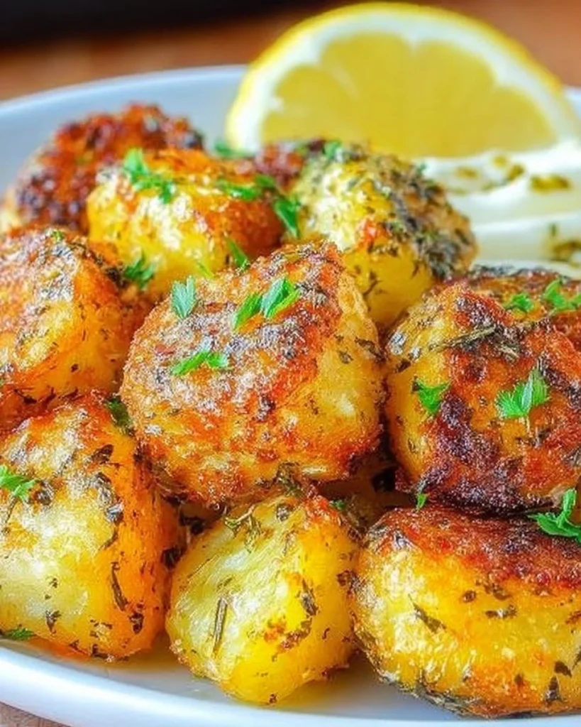 Delicious lemon herb roasted potato nuggets served on a plate