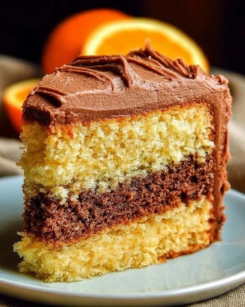 Slice of orange velvet cake with chocolate buttercream frosting