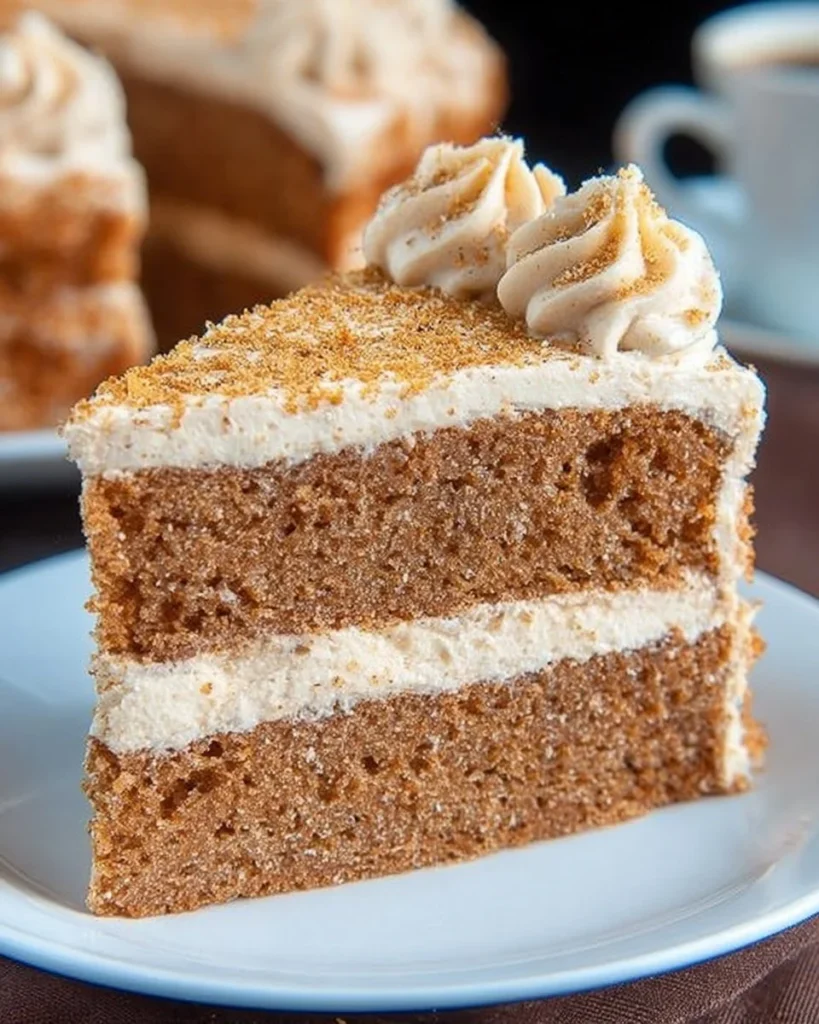 Slice of spice velvet cake topped with cream cheese frosting
