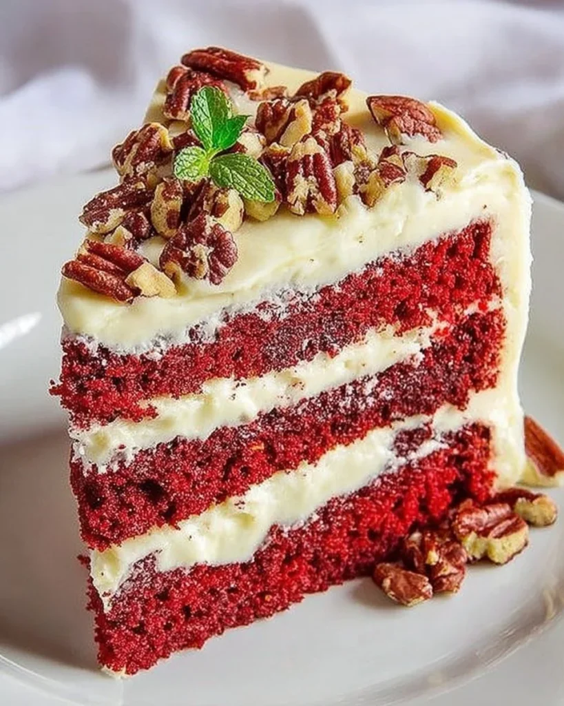 Delicious red velvet cake slice topped with cream cheese frosting