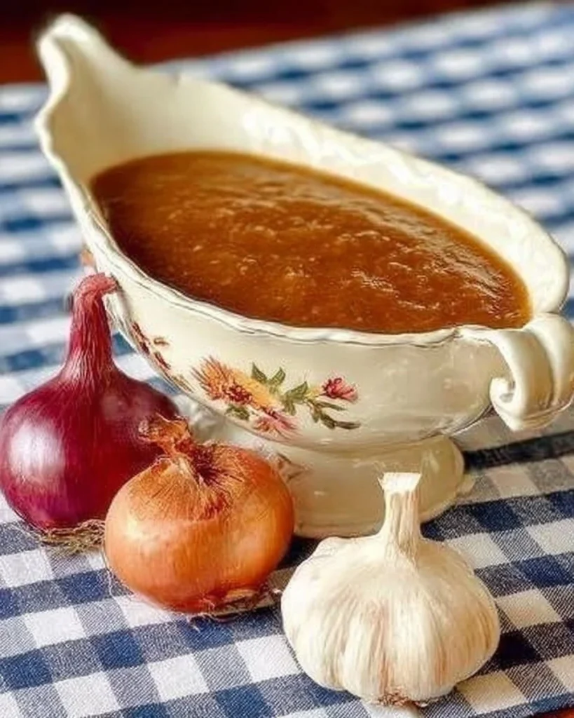 Delicious vegetarian onion gravy served with a side of meat option