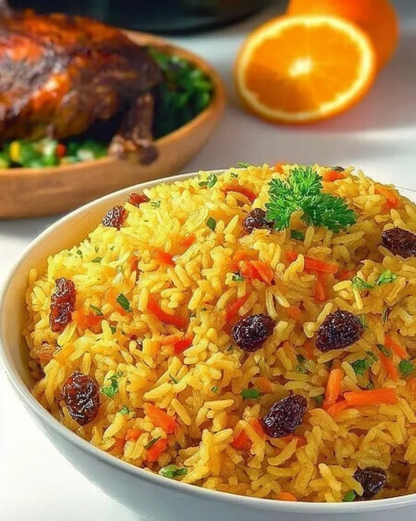 Carrot Raisin Rice Pilaf served in a bowl with colorful ingredients