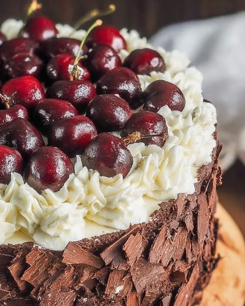 Double Chocolate Black Forest Cake topped with cherries and chocolate shavings