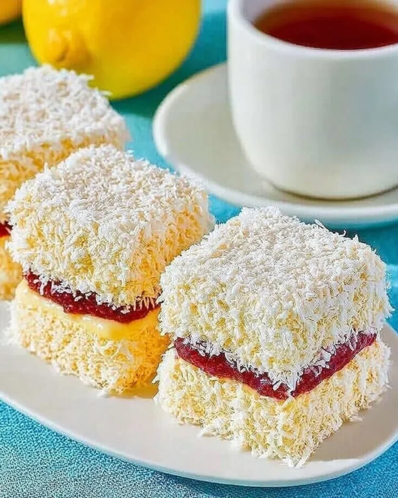 Delicious lemon lamingtons dusted with coconut and topped with lemon icing