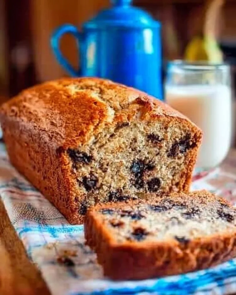 Loaf of Mom's Old Fashioned Banana Bread on a wooden cutting board
