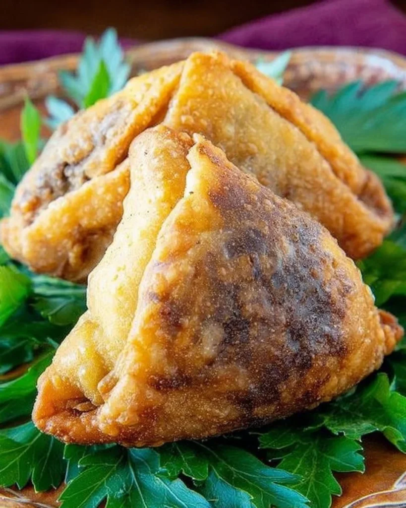 Delicious homemade beef samosas ready to be served.
