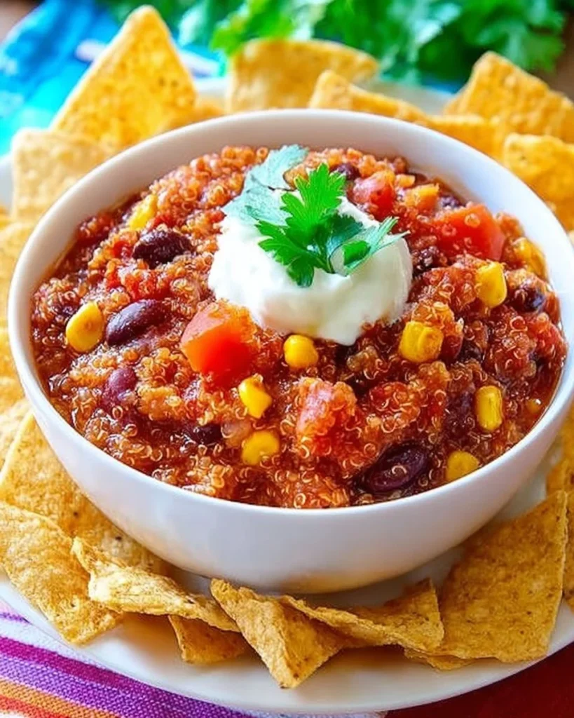 Bowl of hearty vegetarian quinoa chili topped with fresh ingredients